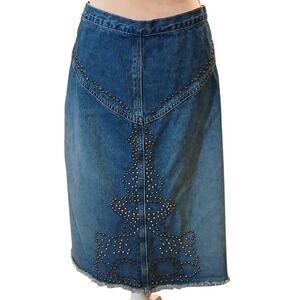Vintage Studded Denim Midi Skirt Medium Wash Raw Hem Western Boho Blue Size XL